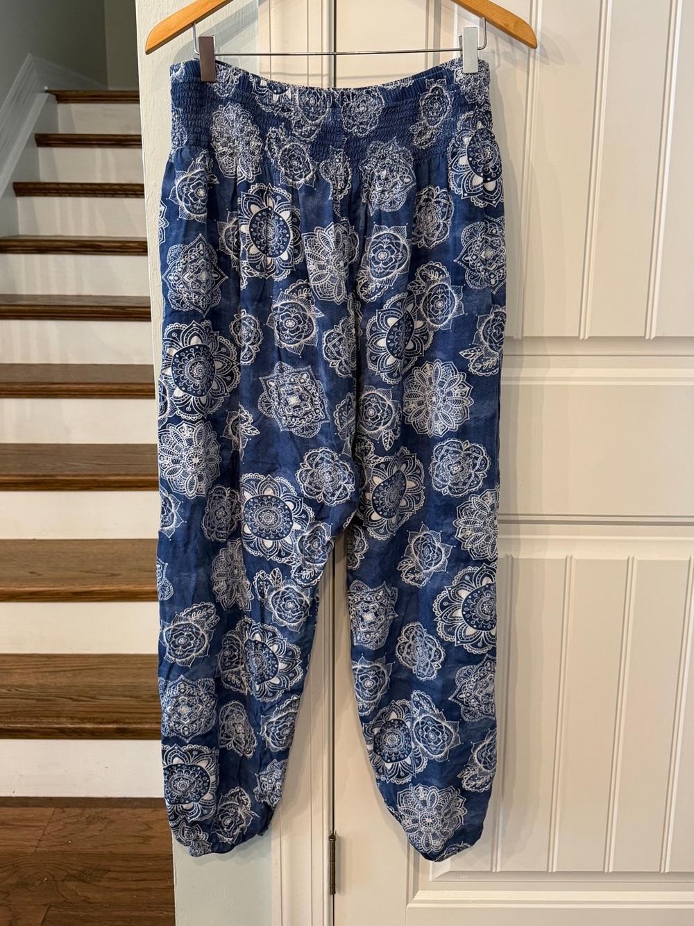 Lotus & Luna Harem Pants XL Blue White Mandala Print Rayon Boho Joggers
